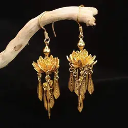 Exquisite Lotus Earrings Luxury Lotus Flower Long Drop Earrings Vintage Chinese Style Elegant Leaves Earrings Custom Packaging