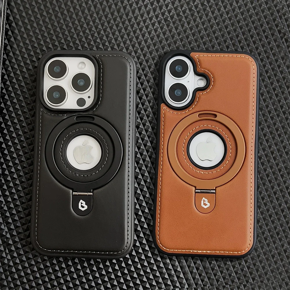 حافظة جلدية فاخرة بحامل مغناطيسي معدني لهاتف آيفون 17 16 15 14 13 12 Pro Max Plus 17Air غطاء شعار مجوف للأعمال