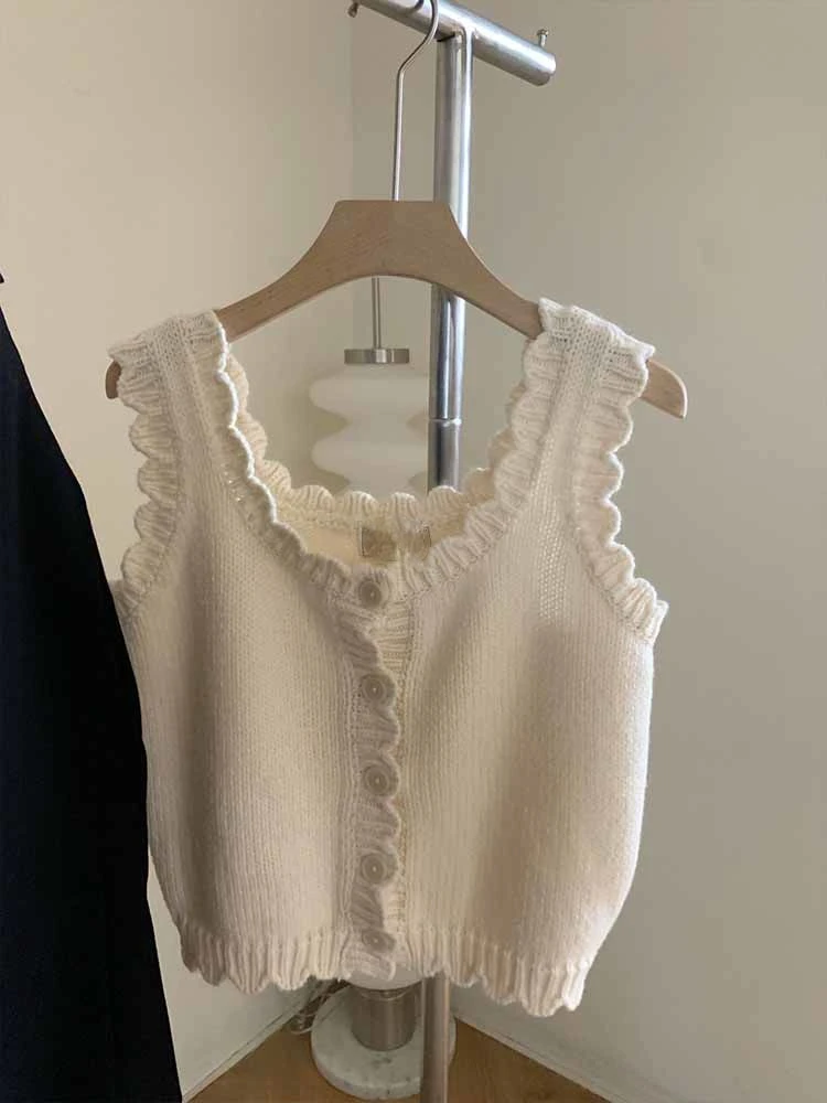 Small Fragrance Sweater Vest Chic Solid Color Sleeveless Single Breasted Short Cardigan All Match Fashion Simple Women Clothing