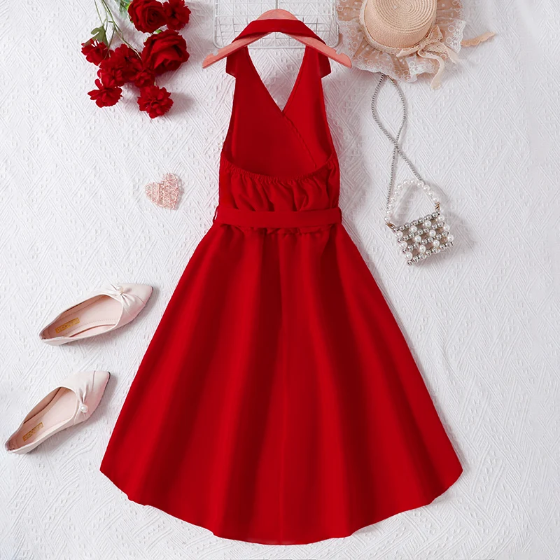 Summer Girls Cute Cool Breathable, Sleeveless Solid Color Belt Dress Elegant Princess Daily Casual Birthday Party Dress