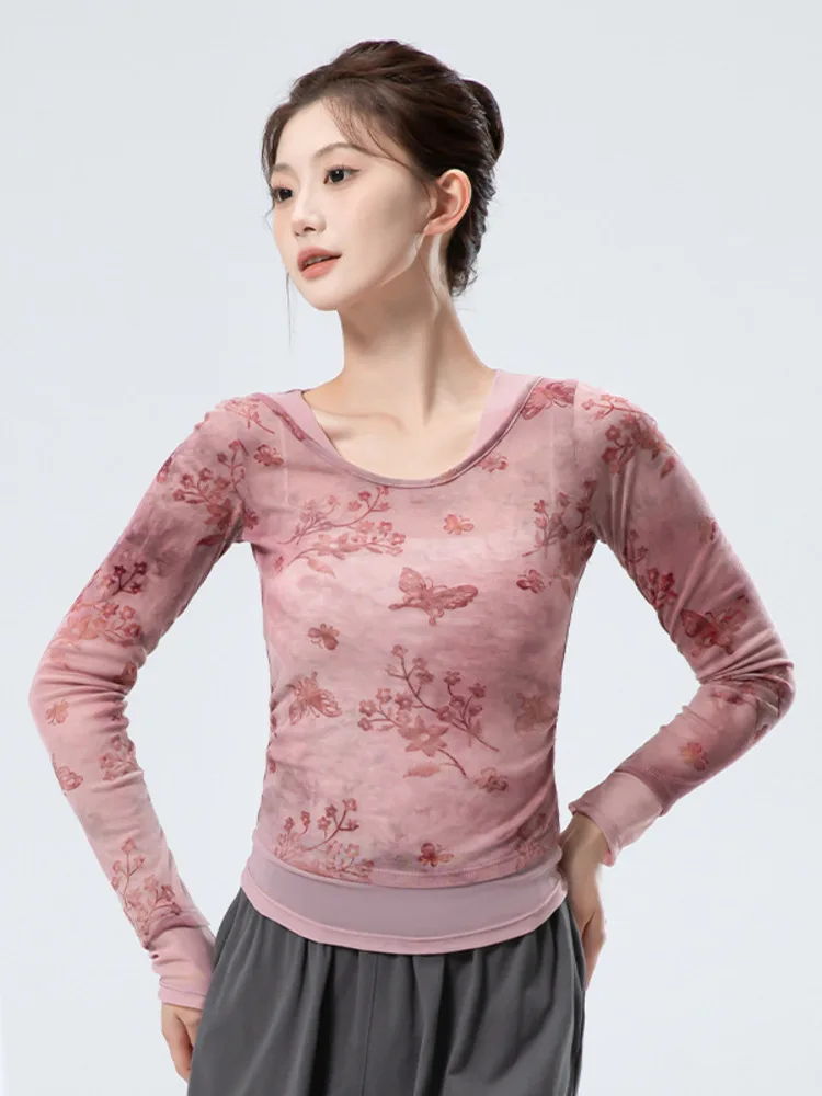 Top da ballo slim fit a maniche lunghe in rete con collo quadrato tie-dye – Camicia moderna per spettacoli teatrali con pannelli trasparenti da donna