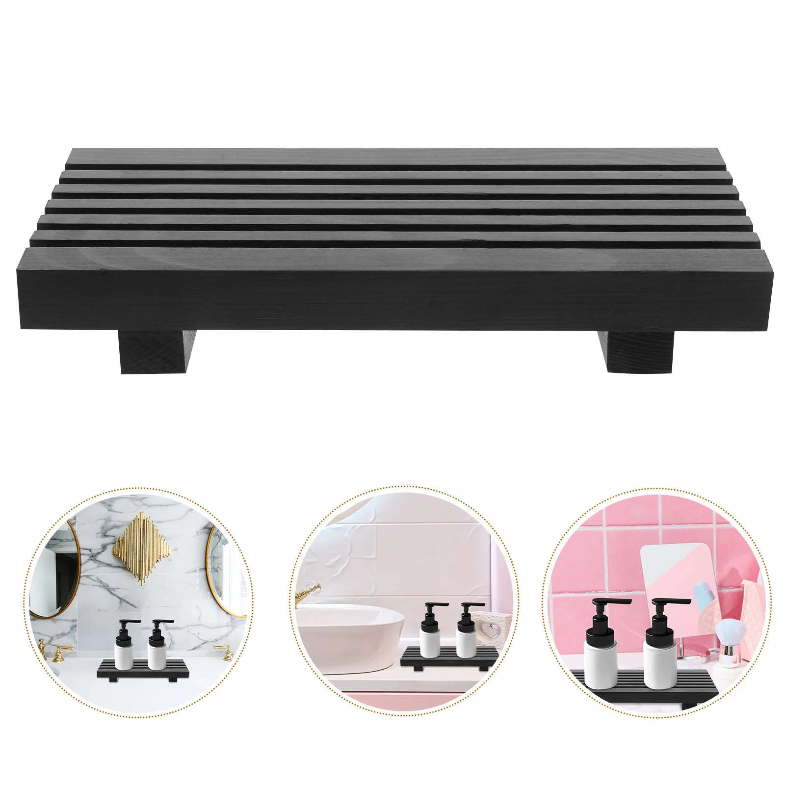 

Bathroom Wooden Tray Counter Stand Riser Sink Pallets Display for Black Vanity Countertop