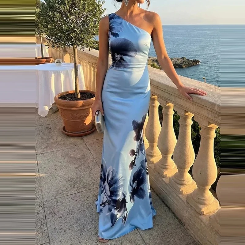 

Elegant Print Hight Waist Holiday Dress Sexy Off Shoulder Sleeveless Slim Party Dress Women Fashion Backless Pleated Long Dress