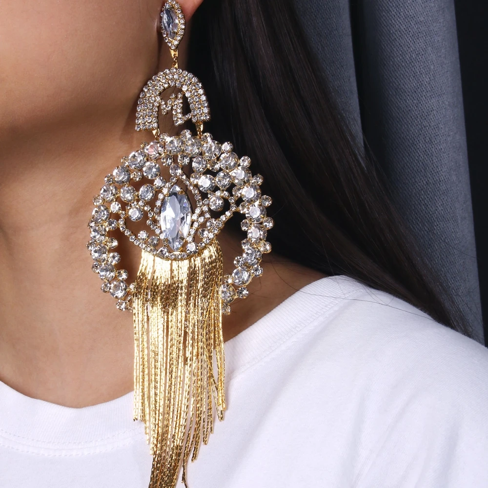 Exaggerated Rhinestone Water Drop Tassel Earrings for Women Crystal Long Tassel Earring Luxurious Drag Queen Party Jewelry