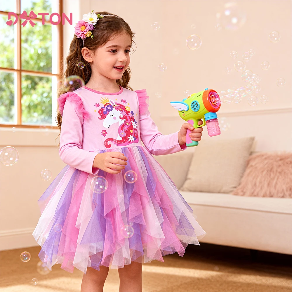 

DXTON New Princess Dress Autumn Girls Long-sleeved Dress Irregular Mesh Kids Dresses Unicorn Floral Children's Party Clothing
