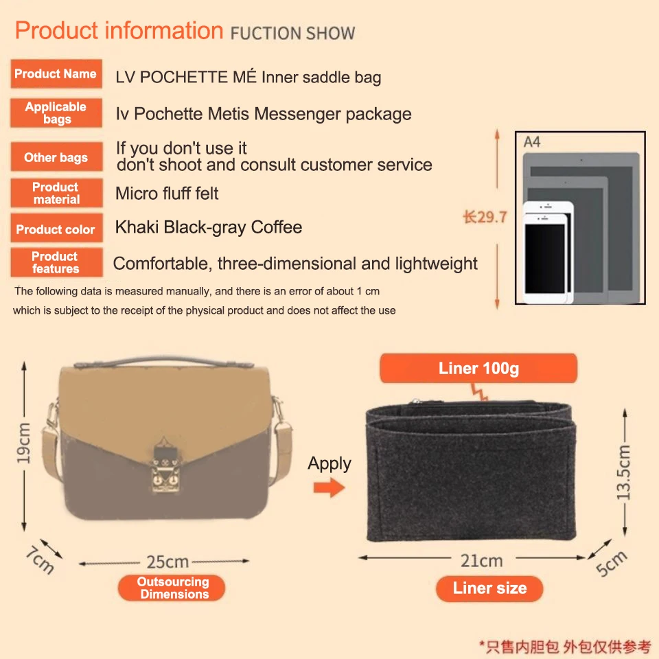 Felt Handbag Insert Bag Storage Organization Purse Liner Bag Support Portable Internal Bags for For LV Pochette Metis