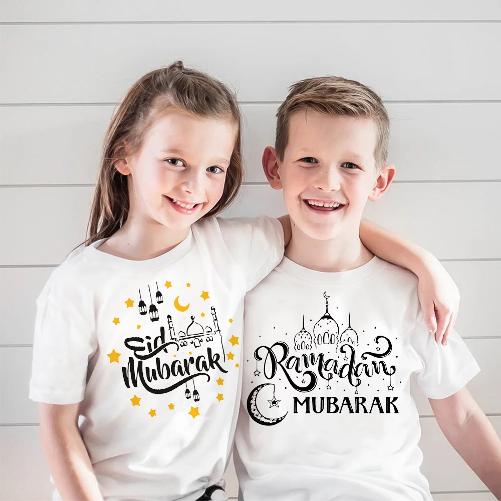 

Happy Eid Mubarak Print KidsT-shirt Girls Boys Eid Party Clothes Tops Ramadan Short Sleeve T Shirt Islamic Muslim Holiday Outfit