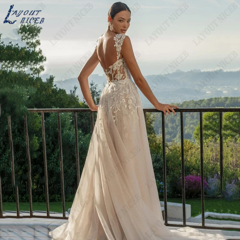 LAYOUT NICEB Cap Sleeve abiti da sposa in pizzo donna Sweetheart Tulle BOHO abiti da sposa a-line Backless Robes De Mariée Side Split Cap Sleeve abiti da sposa in pizzo donna Sweetheart Tulle BOHO abiti da sposa a-line