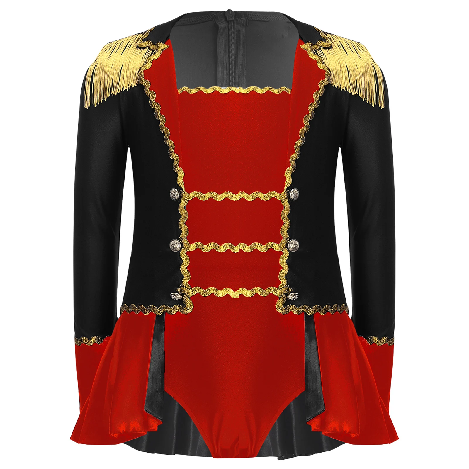 Girls Halloween Circus Performance Costume Ringmaster Jumpsuit Gold Trim Long Sleeve Shoulder Epaulets Tassels Pleated Leotards
