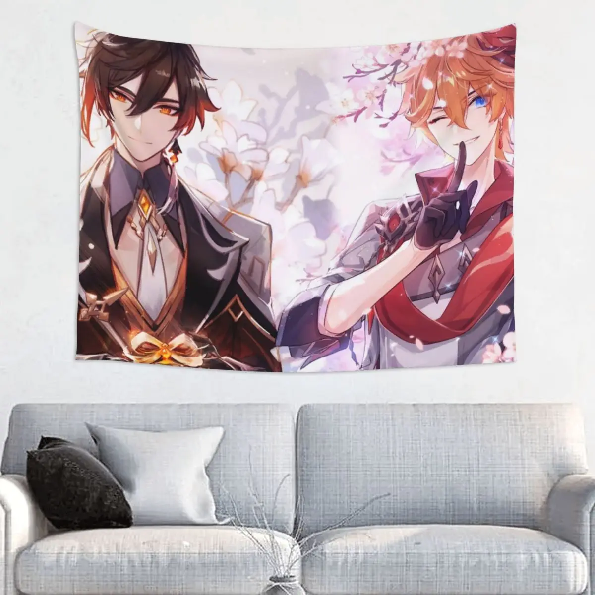 Zhongli And Tartaglia Tapestry Wall Hanging Fabric Tapestries Genshin Impact Anime INS Throw Rug Blanket Room Home Decor Tapiz