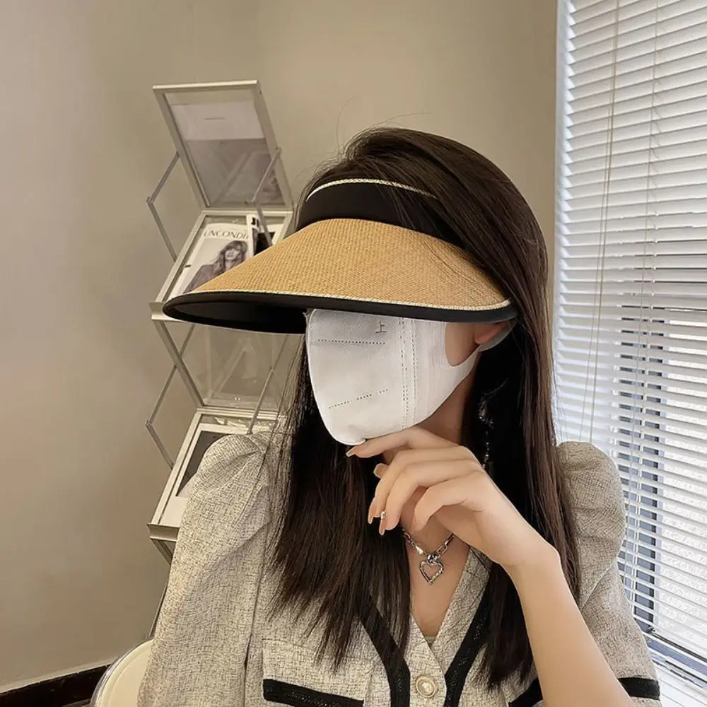 Women Girls Portable Foldable Wide Large Brim Visors UV Protection Straw Cap Sunshade Beach Hat Summer Empty Top Sun Hats
