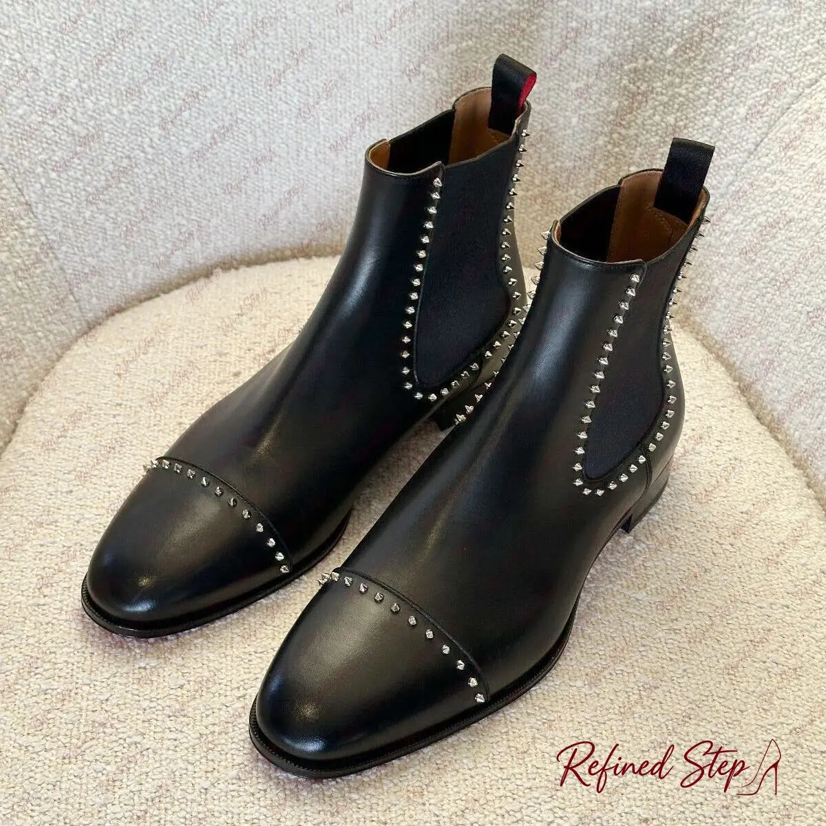Genuine Leather Rivet Chelsea Boots Square Toe Elastic Side Slip On Fashion Daily Ankle Short Boots