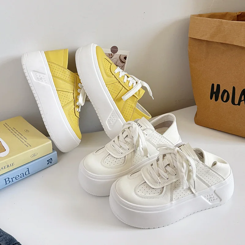 

Женские кроссовки из мягкой кожи с круглым носком и толстой подошвой, спортивные повседневные кроссовки на шнуровке, двойная одежда, желтые модные летние туфли на плоской подошве