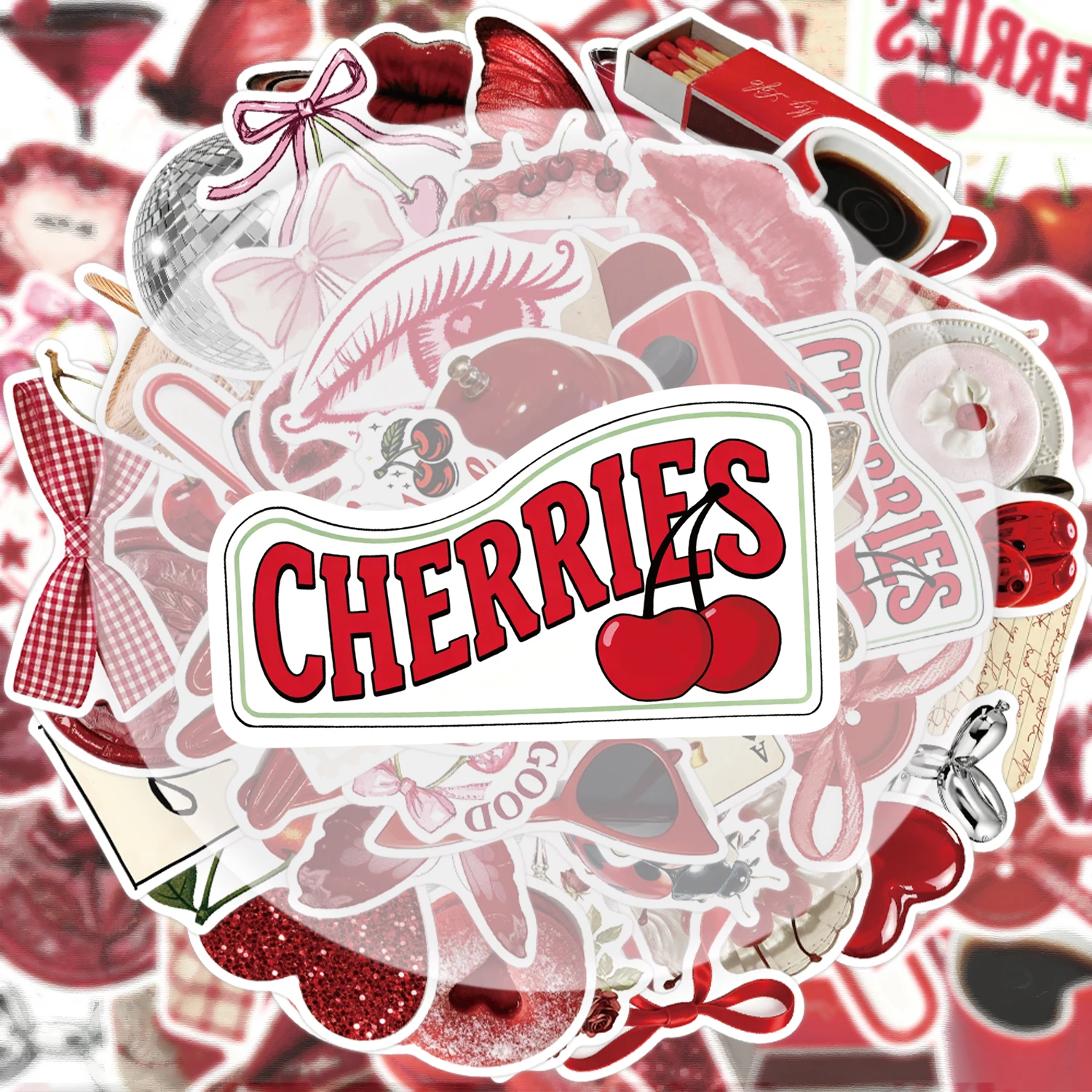 

50 наклеек Y2K с граффити красной вишней, подходящих для украшения бутылок с водой, ноутбуков, мобильных телефонов, чемоданов, скейтбордов, гитар, подарочных коробок и украшений для вечеринок