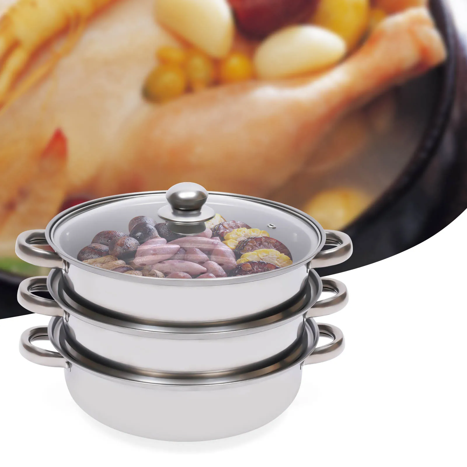 

Кастрюля для пароварки, 11-дюймовая 3-уровневая кастрюля для пароварки из нержавеющей стали, посуда с ручкой крышки, штабелируемая вставка для сковороды для газовых/электрических плит