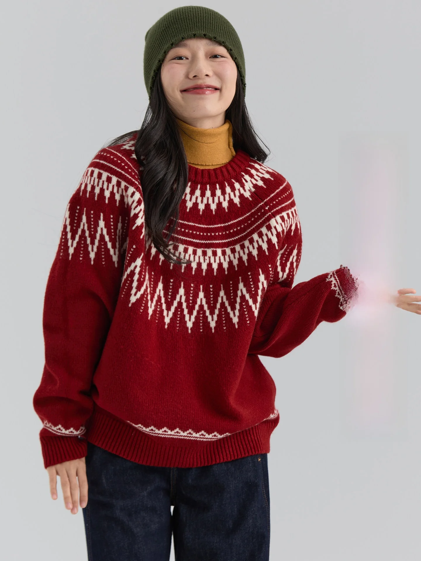 

Dwind2026 Women's Island Sle Knitted Sweater round Ne Loose Fit Long Sve Warm Geometric Pattern Comfortable Winter Top