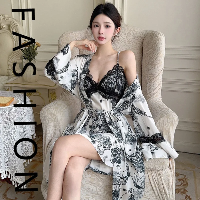 

2025 new pajamas women's spring and autumn suspender nightgown two-piece set summer pure desire wind nightdress with chest pad l