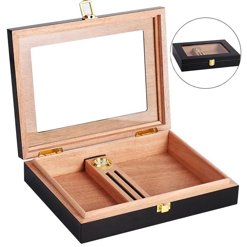 

Cigar Humidor Box Mini Portable Glass Top Handcrafted Cedar Wooden Cigar Cigarette Case with Hygrometer and Humidifier