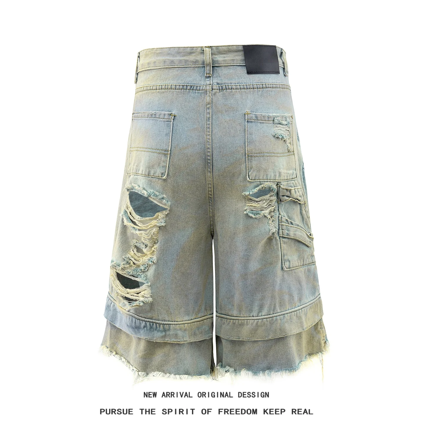 Men's Street Style A-Line Wide Leg Seven-Piece Jeans Shorts Youth Casual Wear Summer Fashion Trendy Double Waist Hole Washed ...