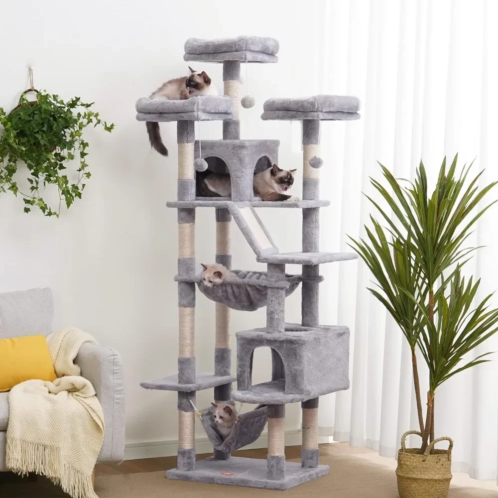 Cat Tower, with padded plush habitat, basket and scratching column, equipped with hammock and plush ball, cat tree