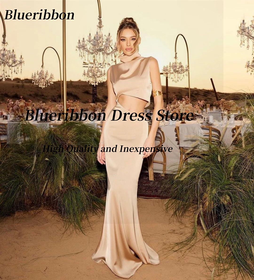 

Blueribbon Simple Sexy Long Maid of Honor Wedding Party Dress High Collar Prom Dresses Sleeveless Vestidos Des Evening Gowns