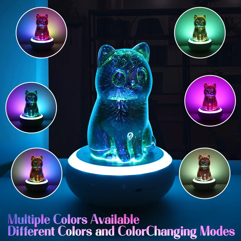 3D Rotating Cat Night Light with Bluetooth Speaker Colorful LED Atmosphere Lamp for Bedroom Home Atmosphere Decor Creative Gift