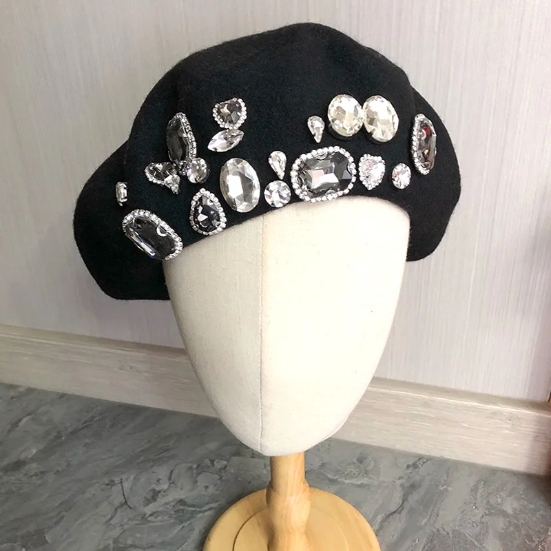 Women Autumn Winter Wool Berets Hat Luxury Rhinestone Decor Fashion Warm Beanie Cap Korean Vintage Artist Painter Berets Hats