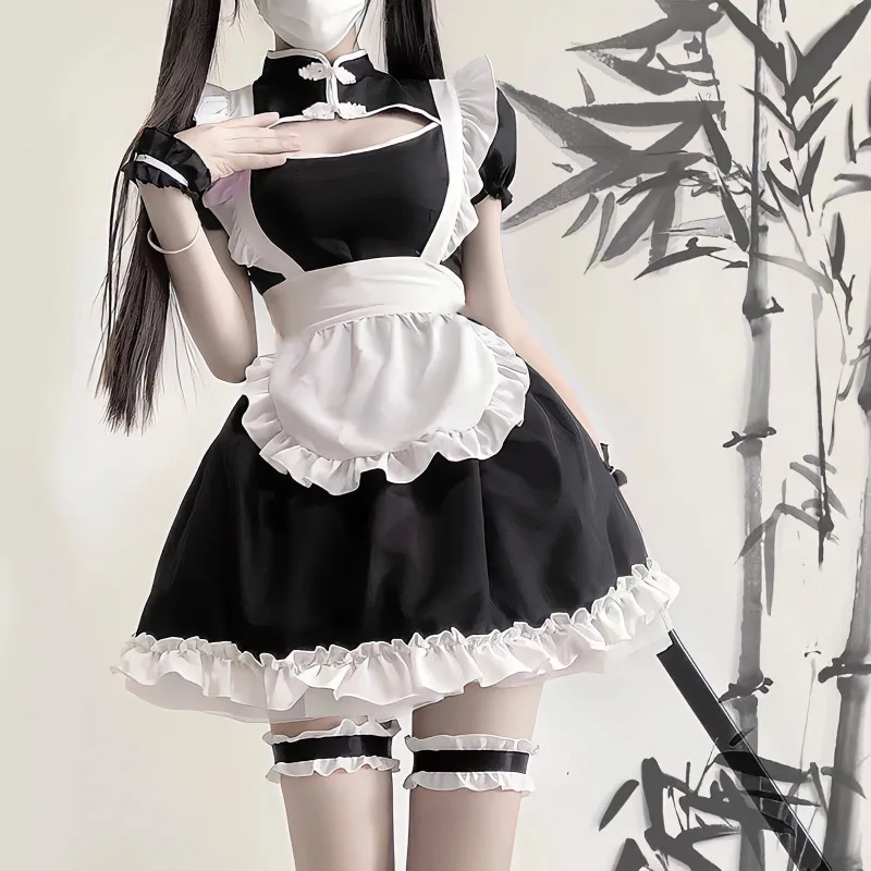 Black White Student Stage Party Waitress Roleplay Outfit Cute Cheongsam Chinese Qipao Dress Women Halloween Maid Cosplay Costume view 2