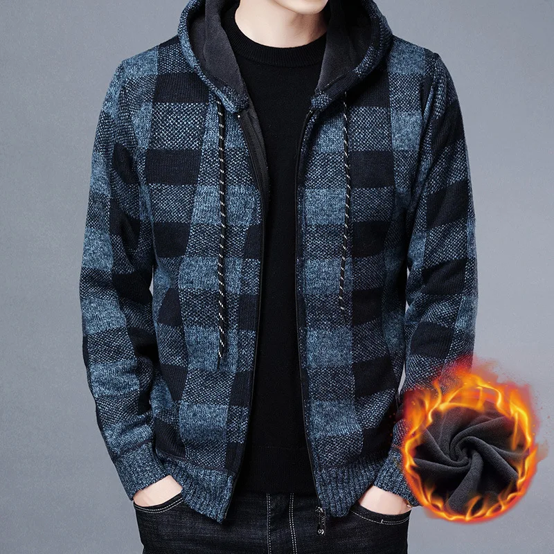 

Men Sweater Jacket Fashion Winter Coat Fleece Hoodies High Quality Luxury Checkered Hooded Knit Cardigan Male Outer Wear