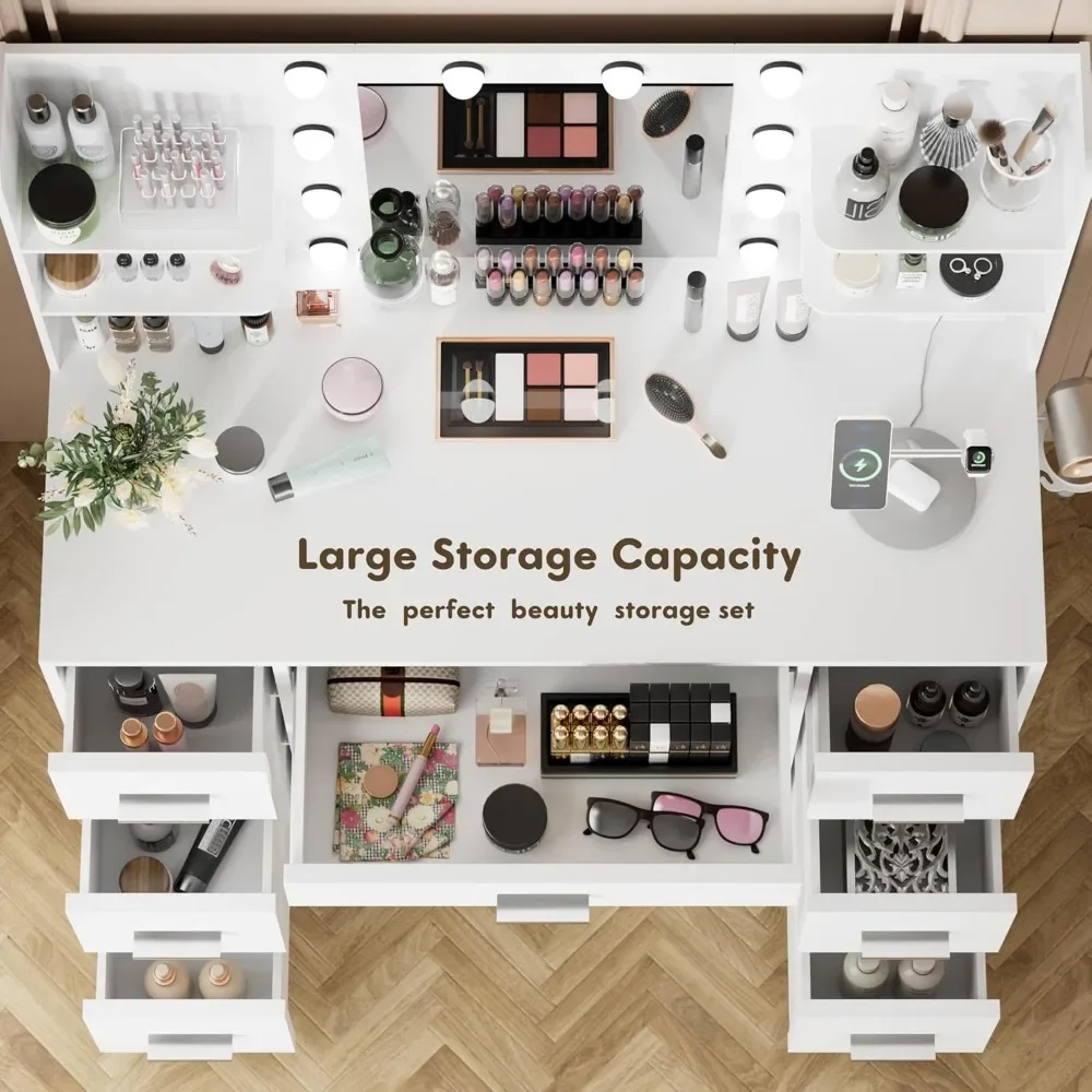 Makeup Vanity Desk with Power Outlet, 7 Drawers Vanity Table with Cushioned Stool, 3 Lighting Modes Brightness Adjustable,White