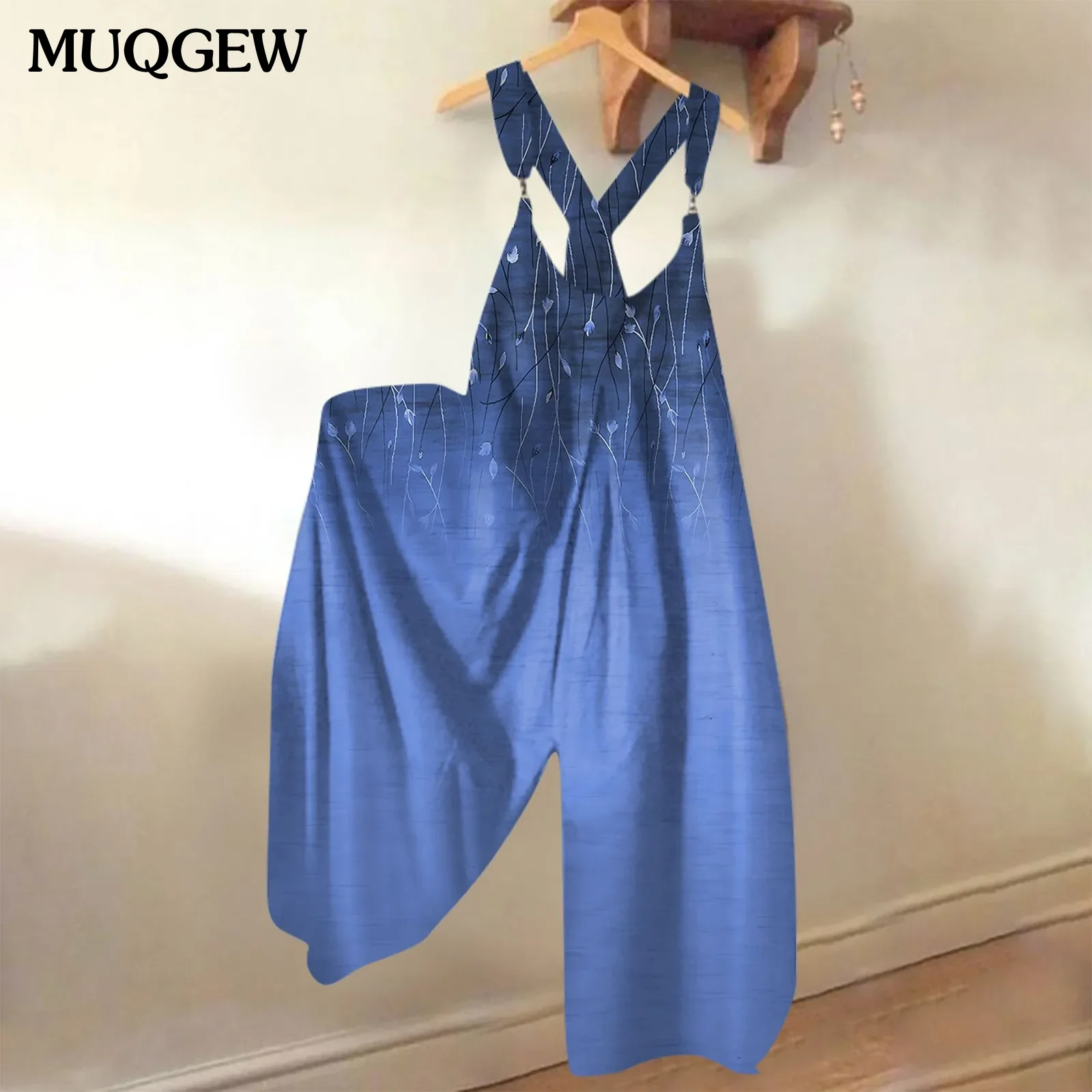 Wide Leg Overalls For Women Retro Floral Print Loose Rompers Casual Metal Button Long Pant Pocket Jumpsuit Woman Clothing