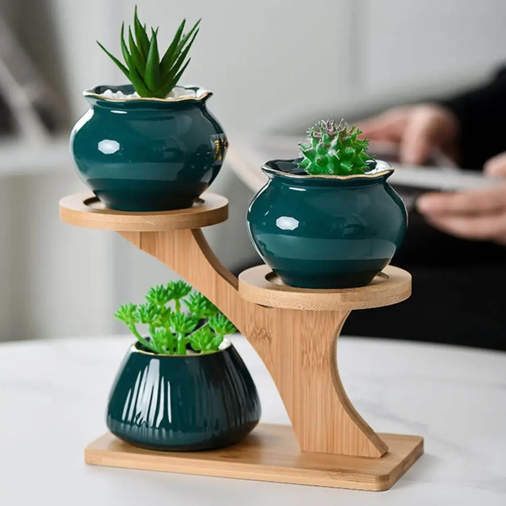 Bamboo Wood Tray 3-Layers Flowerpot Holder Succulents Bonsai Organizer Gardening Supplies Home Decoration Desktop Ornament Gift