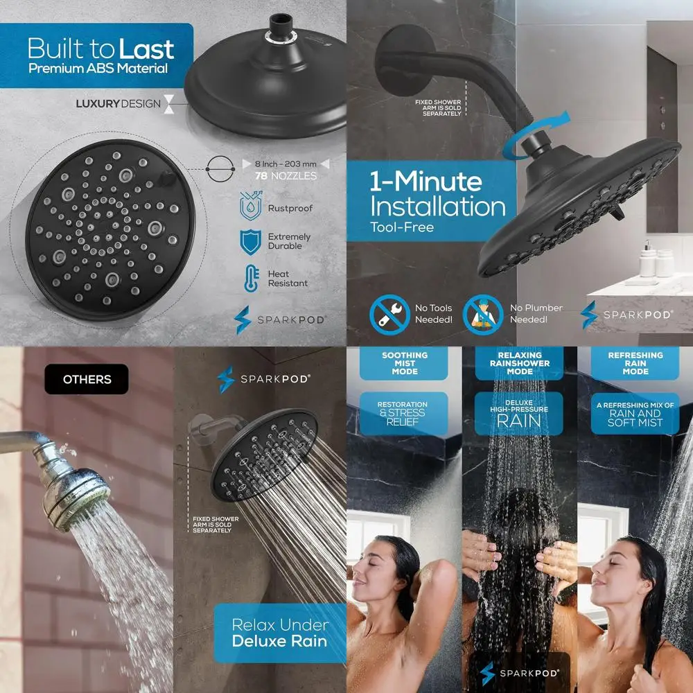 

8 Adjustable High-Flow Shower Head with Mist Setting - Replacement Head for Bathroom (Black Matte)