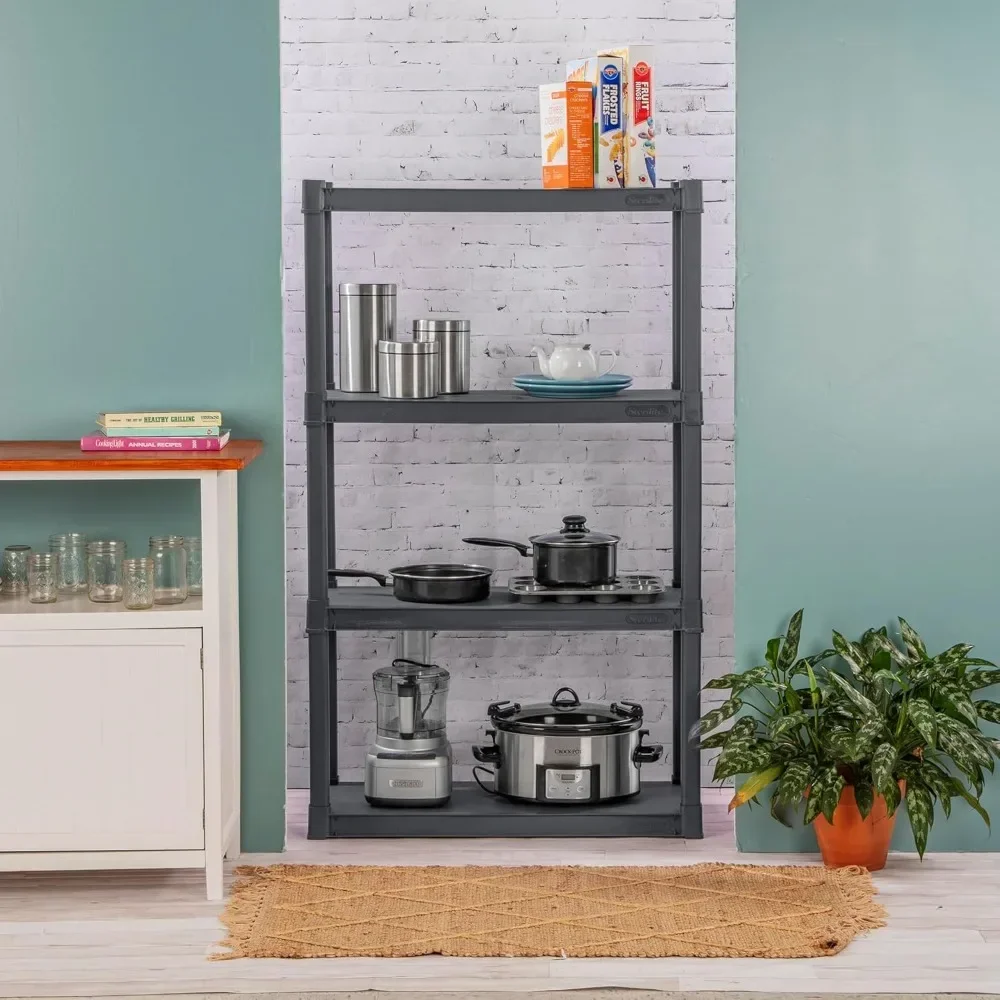 Sterilite 4 Shelf Unit, Heavy Duty and Easy to Assemble Plastic Storage Unit, Organize Bins in the Garage, Basement