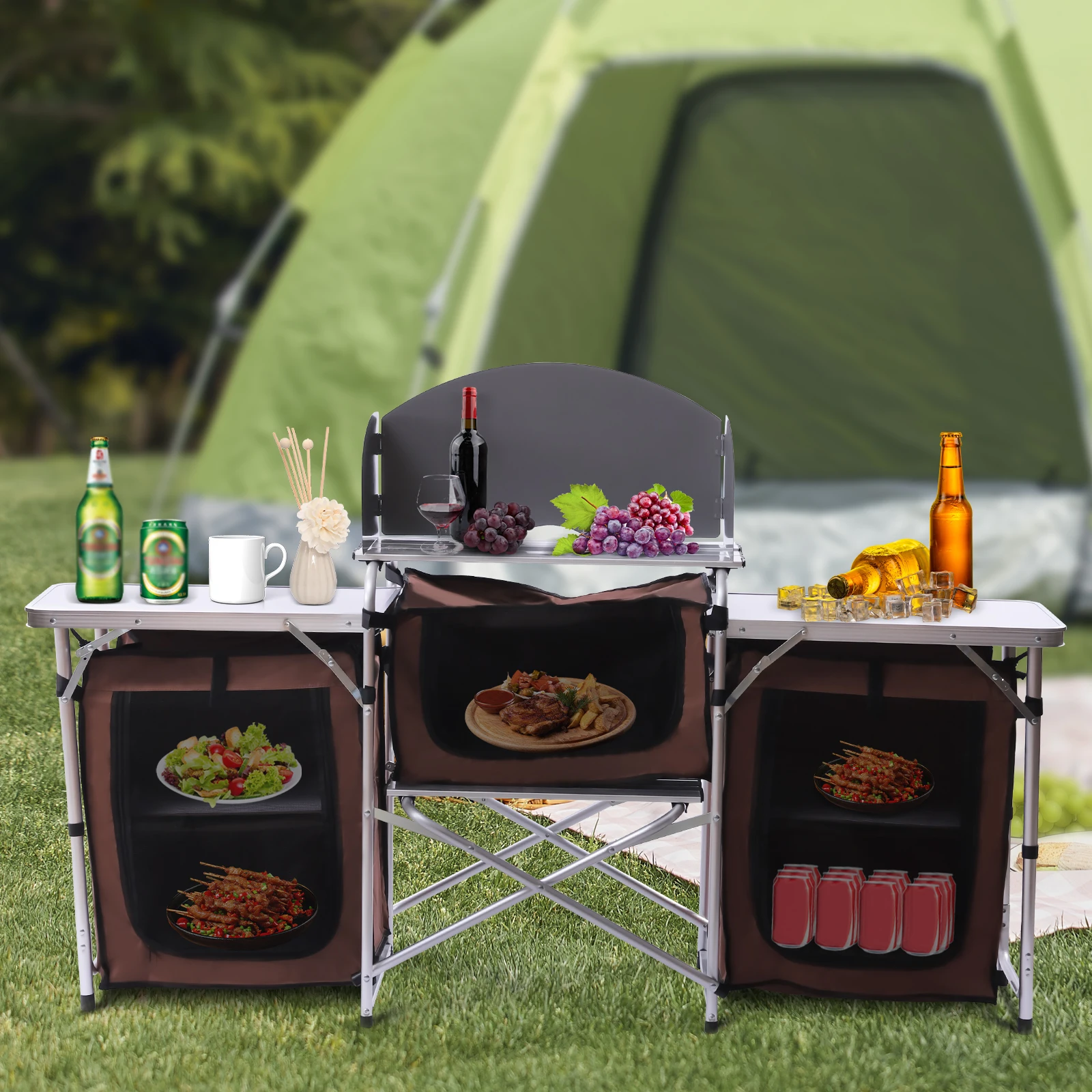 

Camping Kitchen Station, Folding Grill Table with 26'' Tabletop, 2 Side Tables, Storage Organizer, Detachable Windscreen