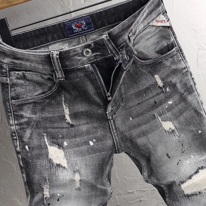 Designer Fashion Men Jeans High Quality Retro Black Gray Stretch Patched Ripped Jeans Men Y2K Painted Vintage Denim Pants Hombre