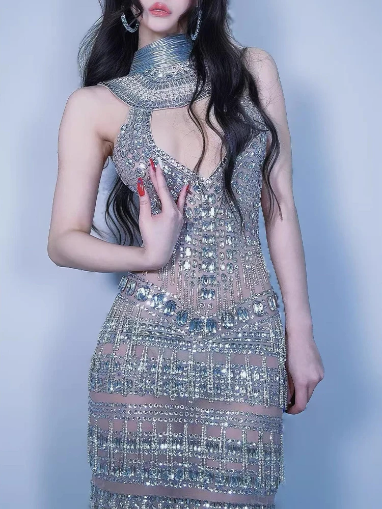 جودة عالية حجر الراين شرابة مثير شنقا الرقبة فستان مجوف 2025 موضة جديدة مخصصة الملابس النسائية #1