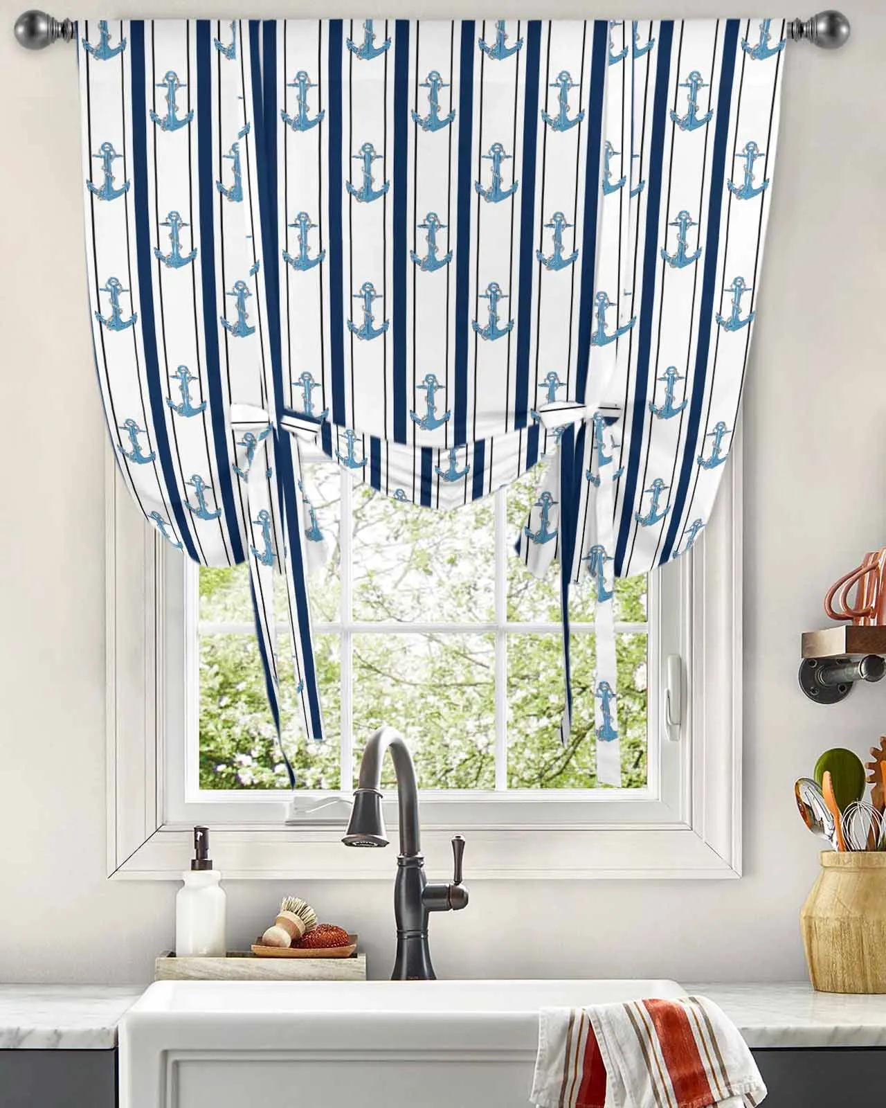 Anchor Lines Window Curtains Tie Up Curtains for Kitchen Living Room Adjustable Rod Pocket Valances