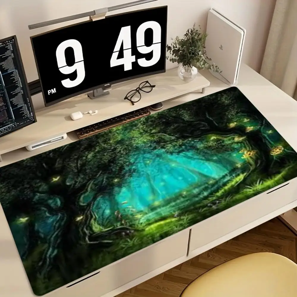 Fantasy Jungle Scenery Desk Mat Large Anti Slip Mousepad, Enchanted Forest Landscape Table Decor for Gamers