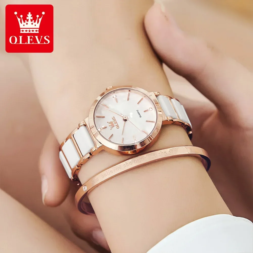 OLEVS Luxury Automatic Woman Watch Rose Gold Ceramics Strap Quartz Wrist Watch Waterproof Simple Dial Watches for Women Gift Set