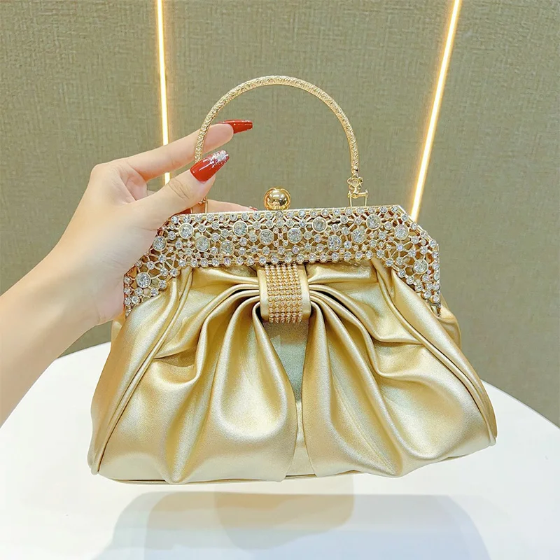 

Luxury Diamond Bow Banquet Bag High-end Brand Ladies Gold Shell Dumpling Bag New Gold Chain Party Shoulder Elegant Crossbody Bag