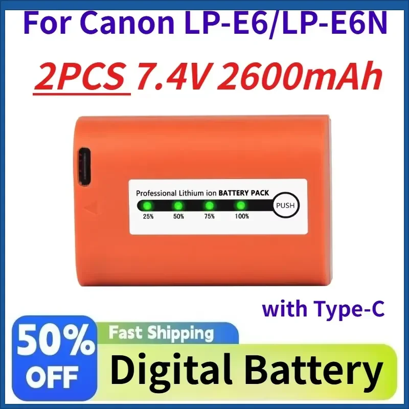 2PCS 7.4V 2600mAh LP-E6 LP-E6N Battery with Type-C for Canon EOS R7 R6 5D Mark II III 5DS 5DS R 60D 70D 80D 7D Mark II III