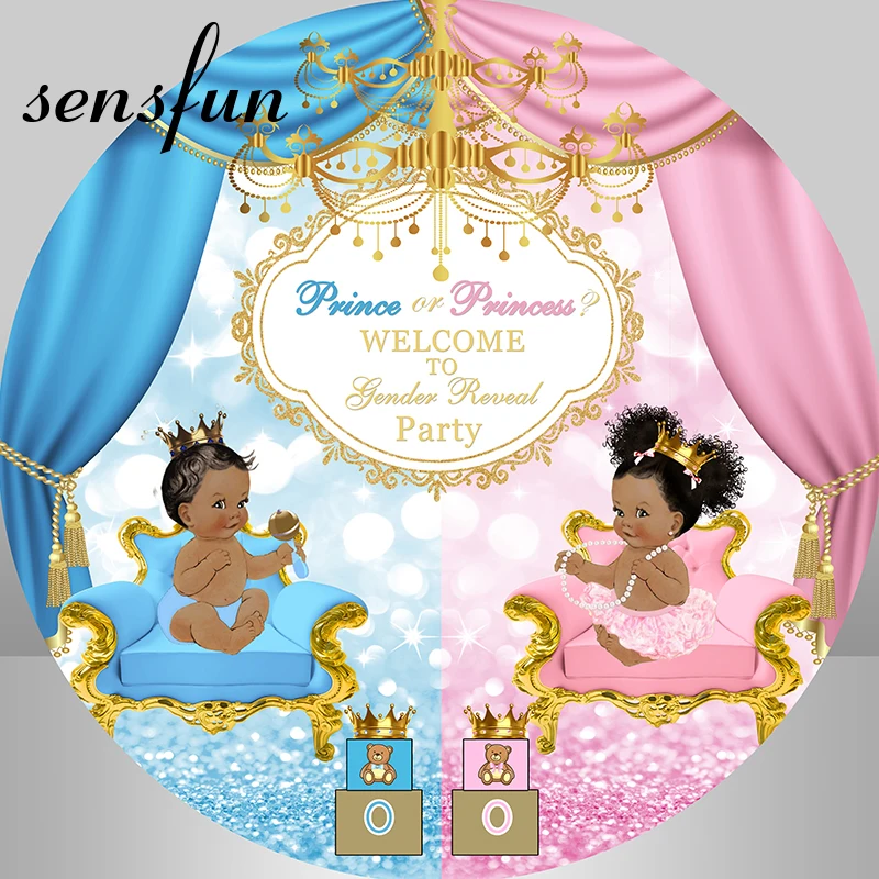 Sensfun Curtain Gold Blue Pink Royal Prince Princess Round Backdrop Cover Boy Or Girl Gender Reveal Baby Shower Party Background