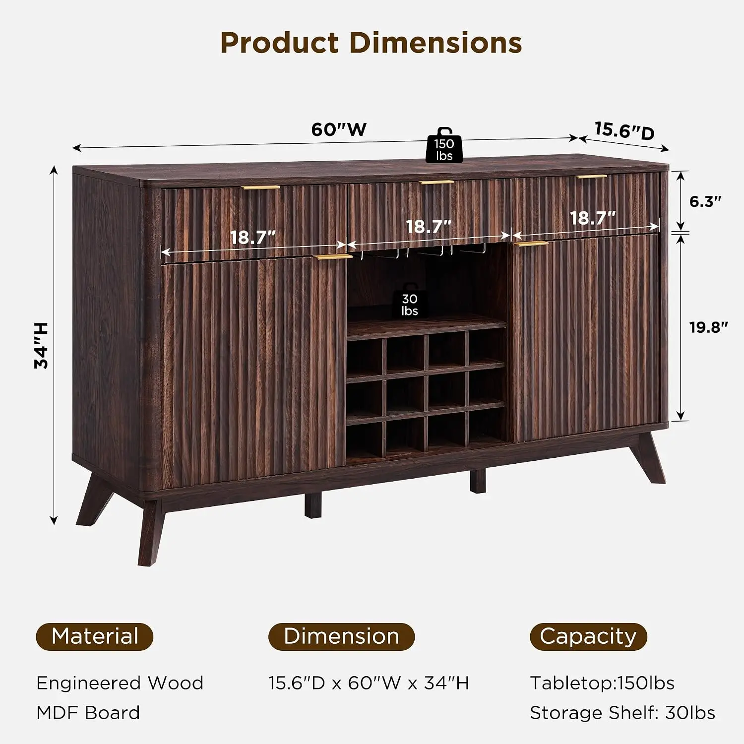 3 Spacious Drawers, 3 Stemware Racks, 12 Wine Racks, 2 Side Cabinets, Tapered Wood Leg, Adjustable Shelves, Customized