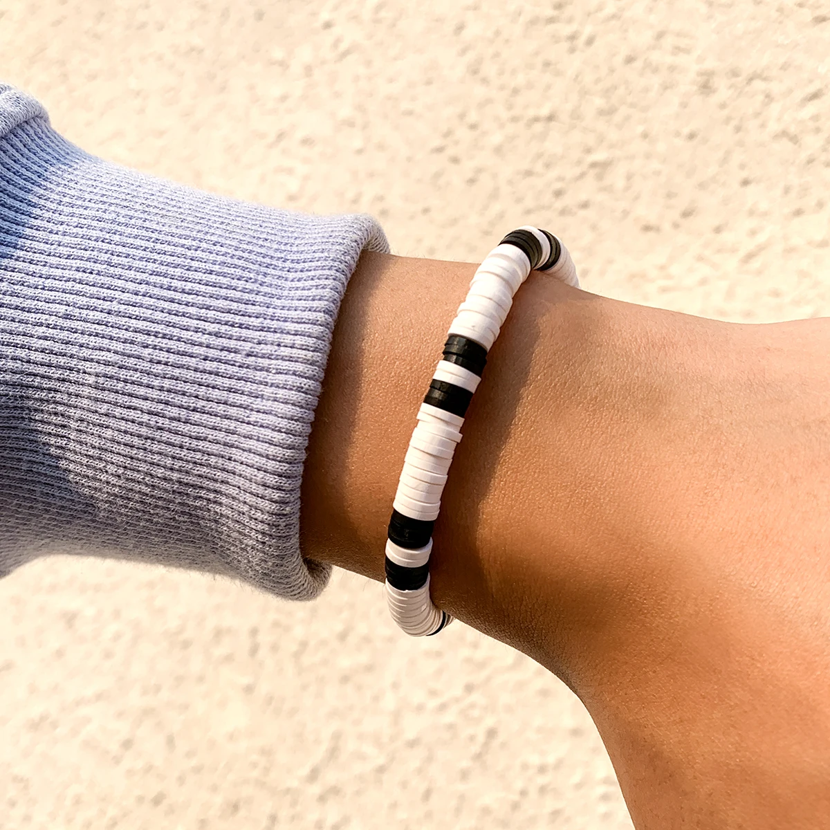 KunJoe Fashion White/Black Flat Polymer Clay Short Bracelet 