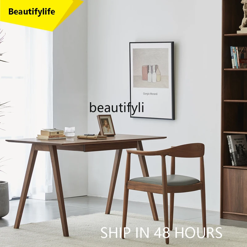Desk Bookcase Combination Bookshelf Nordic Writing Desk Home Bedroom Black Walnut Solid Wood Writing Desk AA