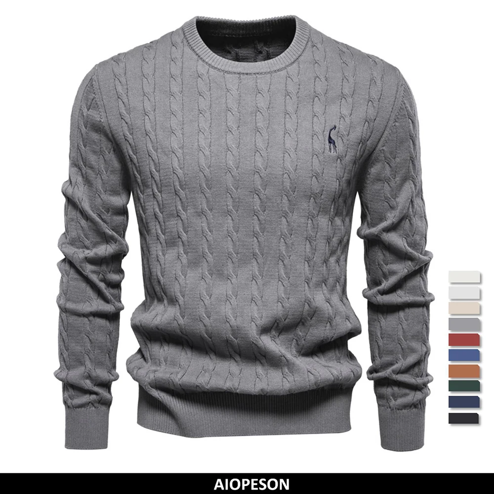 AIOPESON Mens Giraffe Embroidery Cotton Sweaters Round Neck Classic Twist Patterned Pullover Knitted Sweater for Men