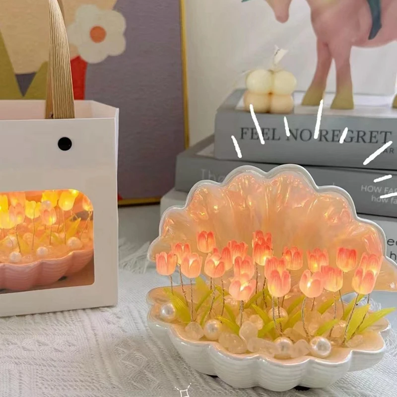 DIY Shell Tulip Night Light Handmade DIY Tulip Girl Living Room Night Light Desktop Light Romantic Ambient Lamp Durable Pink