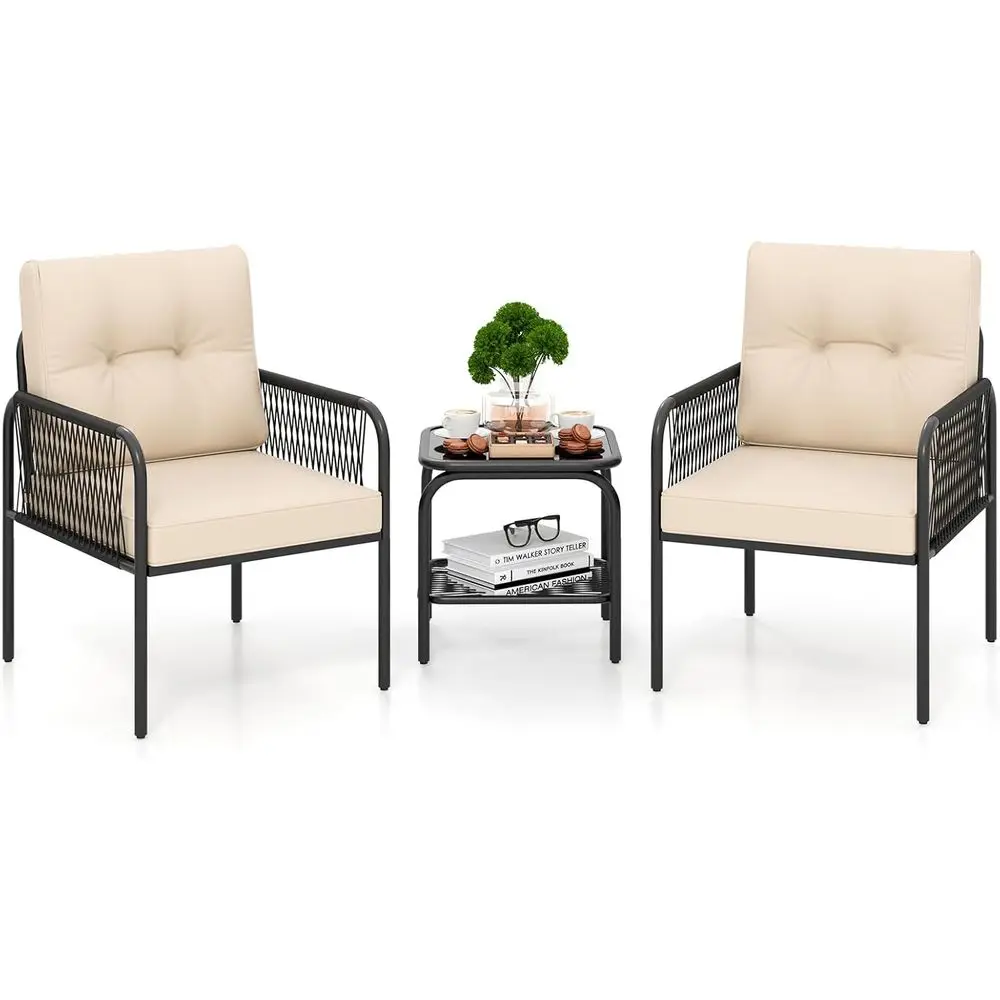 

3-Piece Patio Bistro Set: PE Rattan Furniture with Tempered Glass, Cushioned Chairs for Outdoor, Garden, and Poolside Use
