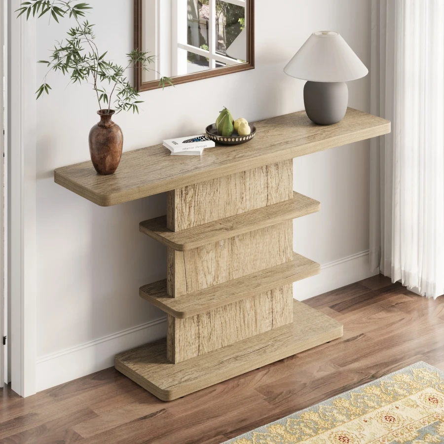 

63 Vintage Narrow Console Table with 2-Tier Open Shelves, Natural Wood Finish, High Weight Capacity for Living Room, Hallway, C